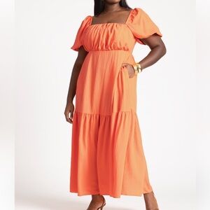 ELOQUII | PUFF SLEEVE TIERED DRESS IN MELON | NWT | SZ: 20